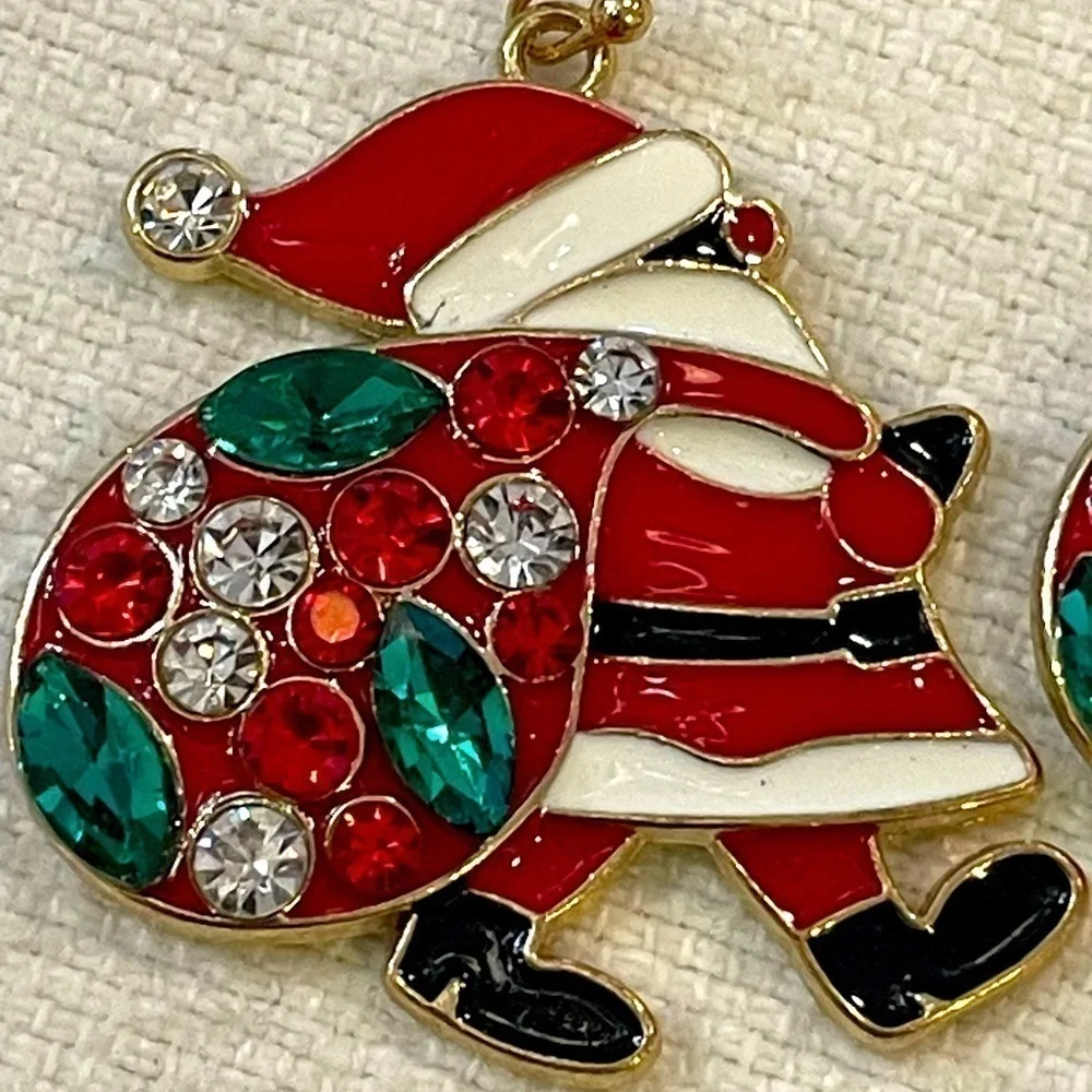 💐5/25 Santa enamel colorful silvertone Christmas earrings rhinestone gift bag